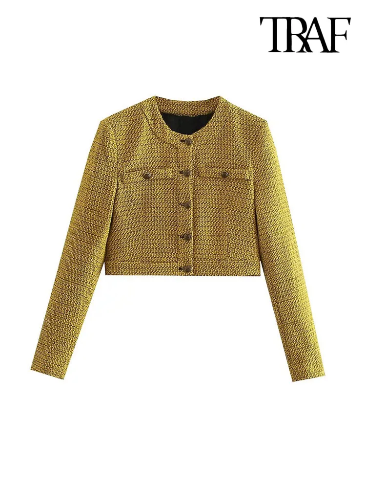 

TRAF Women Fashion Tweed Front Buttons Cropped Blazer Coat Vintage O Neck Long Sleeve Female Outerwear Chic Tops