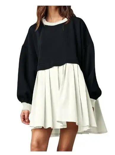 

Hirigin, весенне-осеннее женское повседневное мини-платье с длинным рукавом и круглым вырезом, цветной пуловер в стиле пэчворк, свободное Плиссированное женское платье