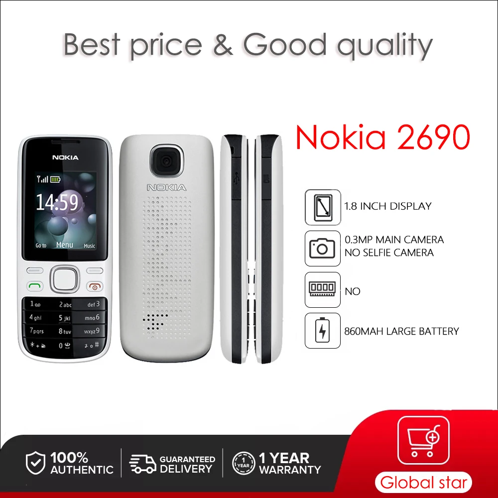 

Nokia 2690 Original Unlocked 1.8 inch 0.3MP Removable Li-Ion 860 mAh battery 2G mobile phone