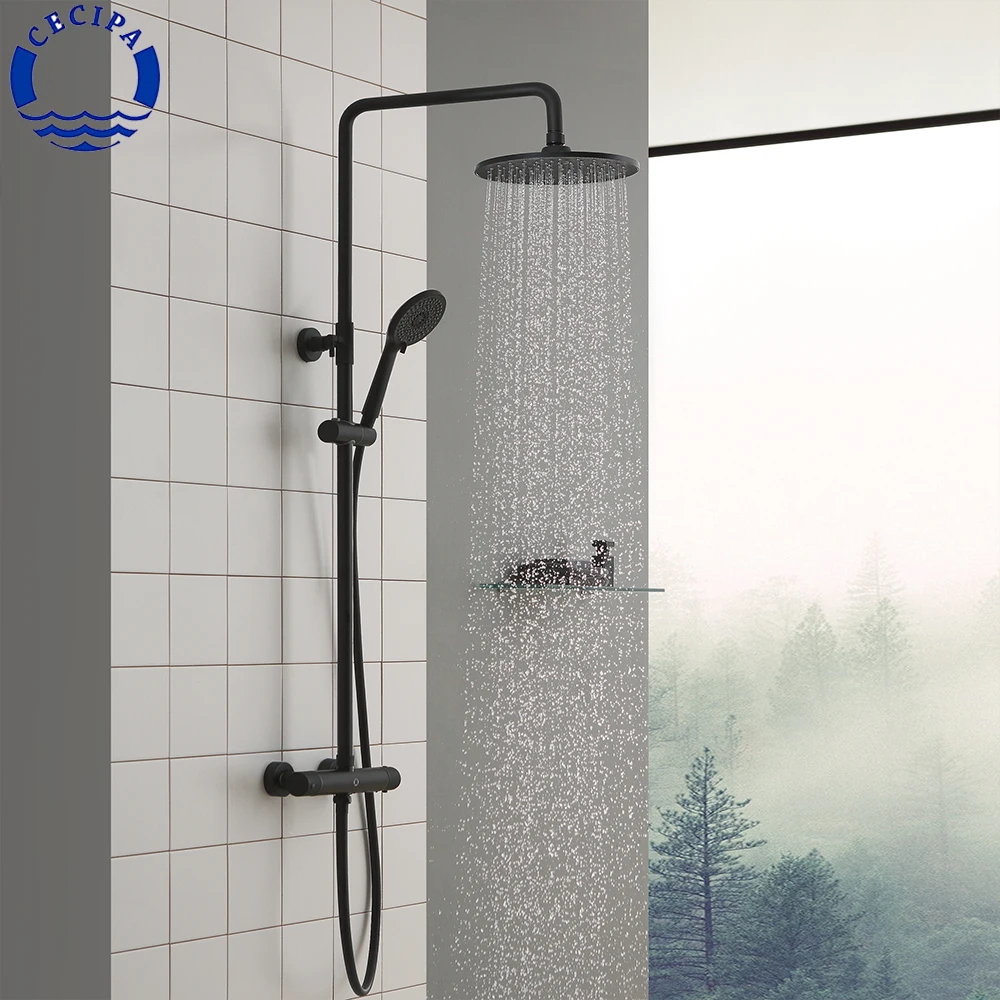 CECIPA Chrome Shower System Set With 38℃ Thermostatic Faucet Height Adjustable Slide Bar Safety Lock Bathroom Fixtures | Строительство