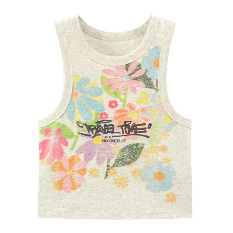 

O Neck Sleeveless Vest Camisetas Y2k Clothes Summer American Style Vintage Crop Top Letter Graffiti Design Sense Women T-shirts