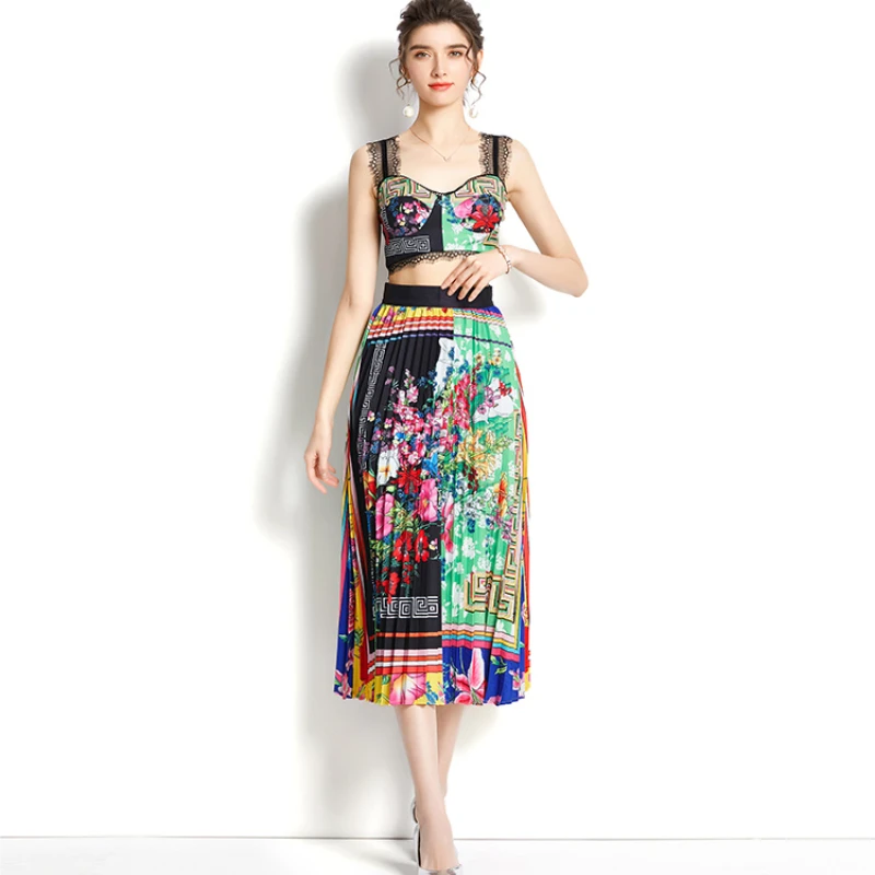 

Women Clothing for Party 2022 New Spring/summer Holiday Print Polyester Casual A-LINE Camisole Pleated Skirt Lace Tank Top Set