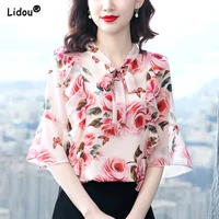 korean v neck bow floral print three quarter summer loose blouses chiffon thin elegant silky office lady womens clothing 2022