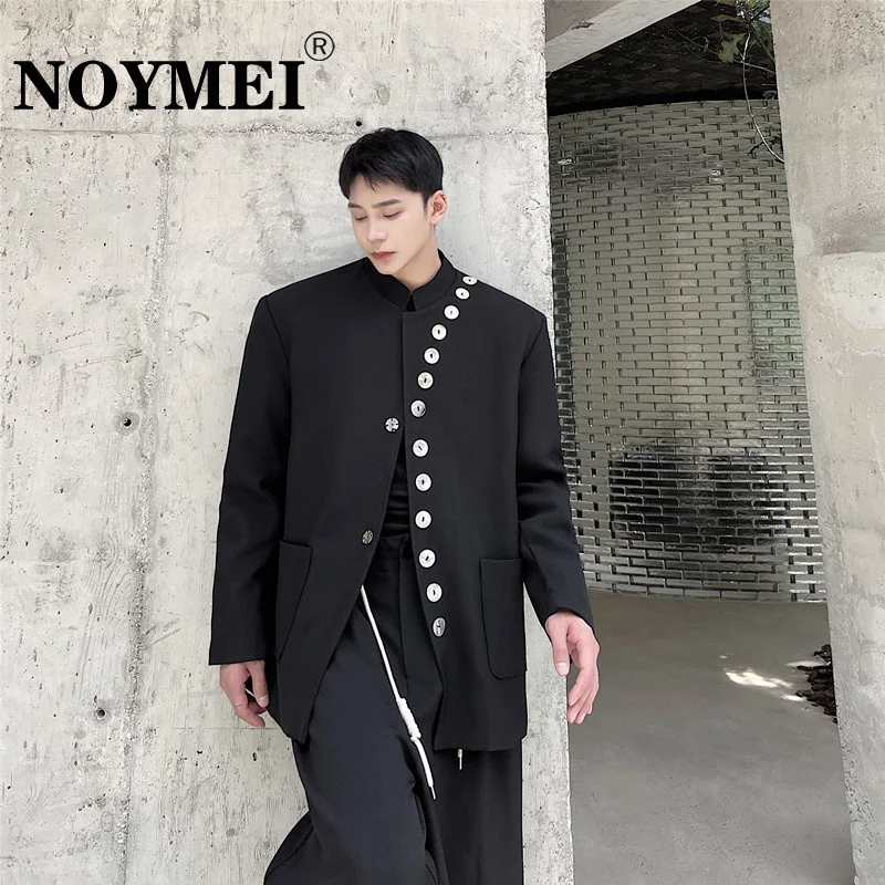 

NOYMEI Vintage Style New Shell Button Decorative Stand Collar Casual Chinese Tunic Suit Men's Blazer Black Single Breasted WA771