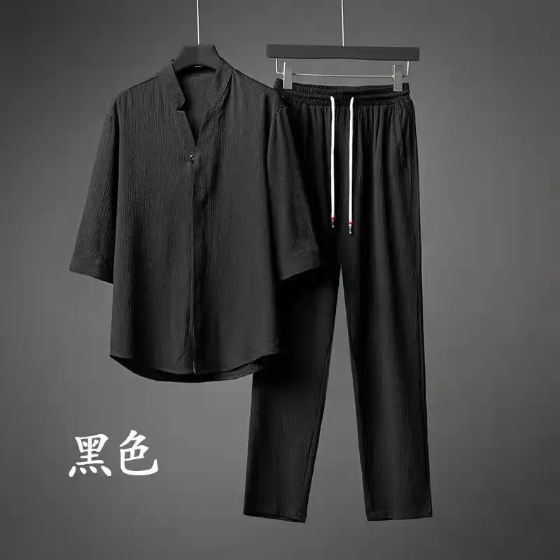 

Летний костюм Yourqipao династии Хань и Тан с супер рукавом до локтя, льняной костюм из льняного шелка, мужские большие свободные комплекты из хлопка и льна из двух частей