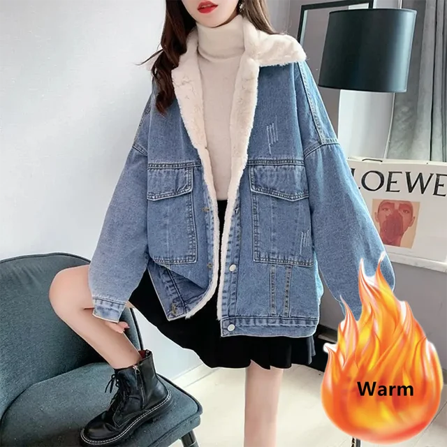 Женская джинсовая куртка с подкладкой, Повседневная Свободная куртка изденима с бархатной подкладкой, базовый дизайн, теплая зимняя курткабольшого размера 85 кг, 2023