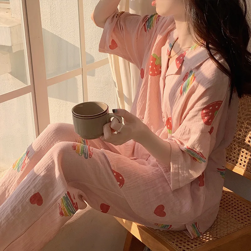 Women Pyjamas Summer Cool Feeling Cotton Short-sleeve Cardigan Trousers Thin Homewear Sweet and Cute Style Sleepwear Loungewear