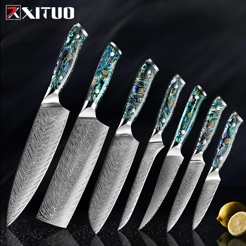 XITUO Professional Kitchen Japanese Knife Set Damascus Steel Chef Knife Abalone Shell Handle Santoku Meat Vegetable Cleaver Cut