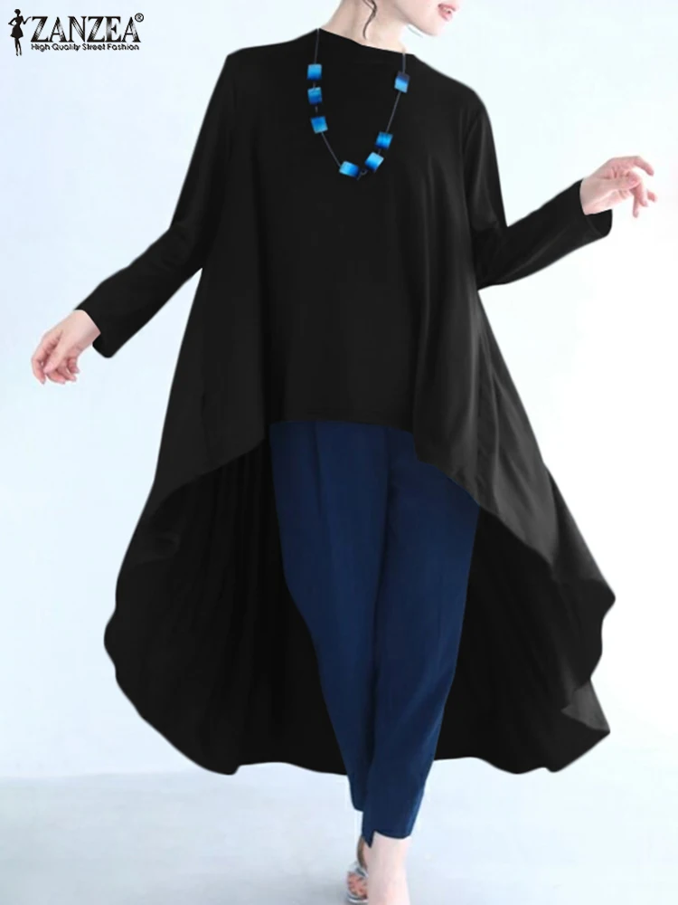 

Casual OL Long Sleeve Tees Oversize Women Holiday Irregular Tops ZANZEA Fashion Knitted Blusas 2022 Spring Solid O Neck T-Shirts