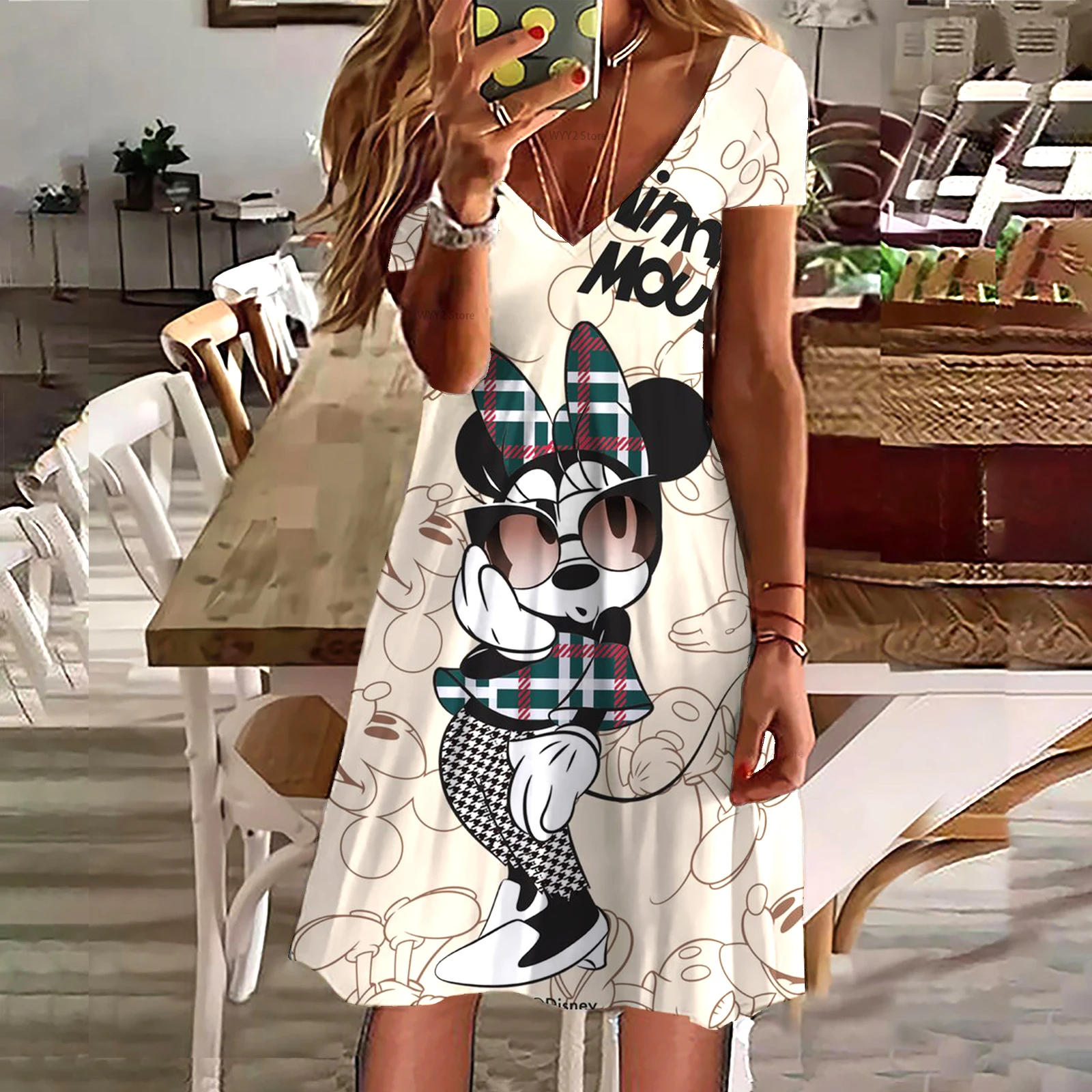 

Disney Minnie Mickey Mouse Women's Dress 3D Dye Print Fashion Short Sleeve Summer Casual Sexy Dress Loose Kawaii Dress