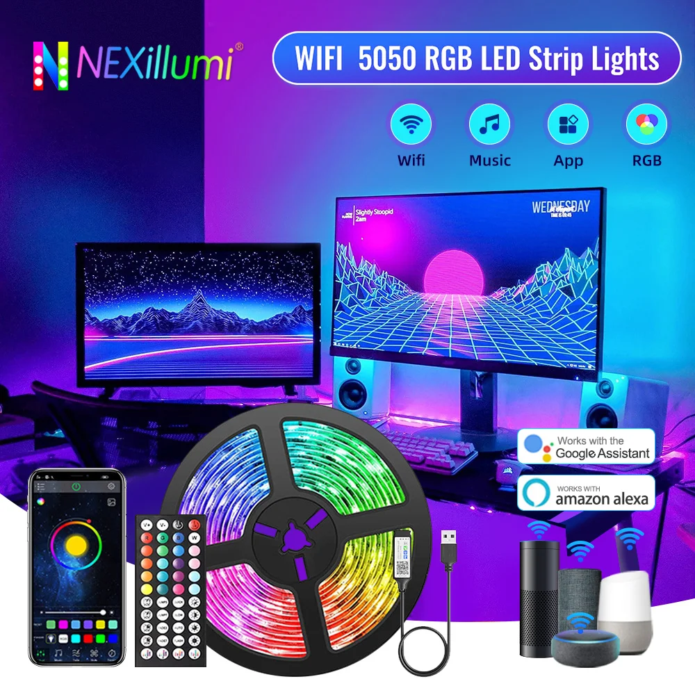 Светодиодная лента, WIFI, USB, RGB 5050, Bluetooth, 1-10 м, 5 В