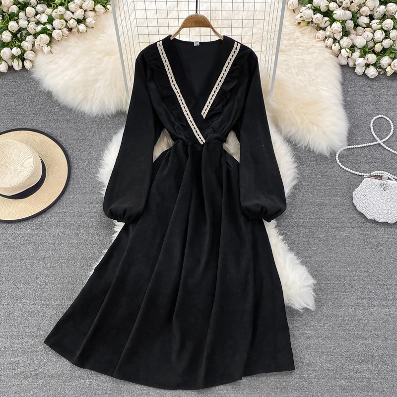 

Fitaylor New Autumn A Line V Neck Chiffon Pullover High Waist Mid-Calf Women Dresses Casual Solid Slim Full Lady Dress