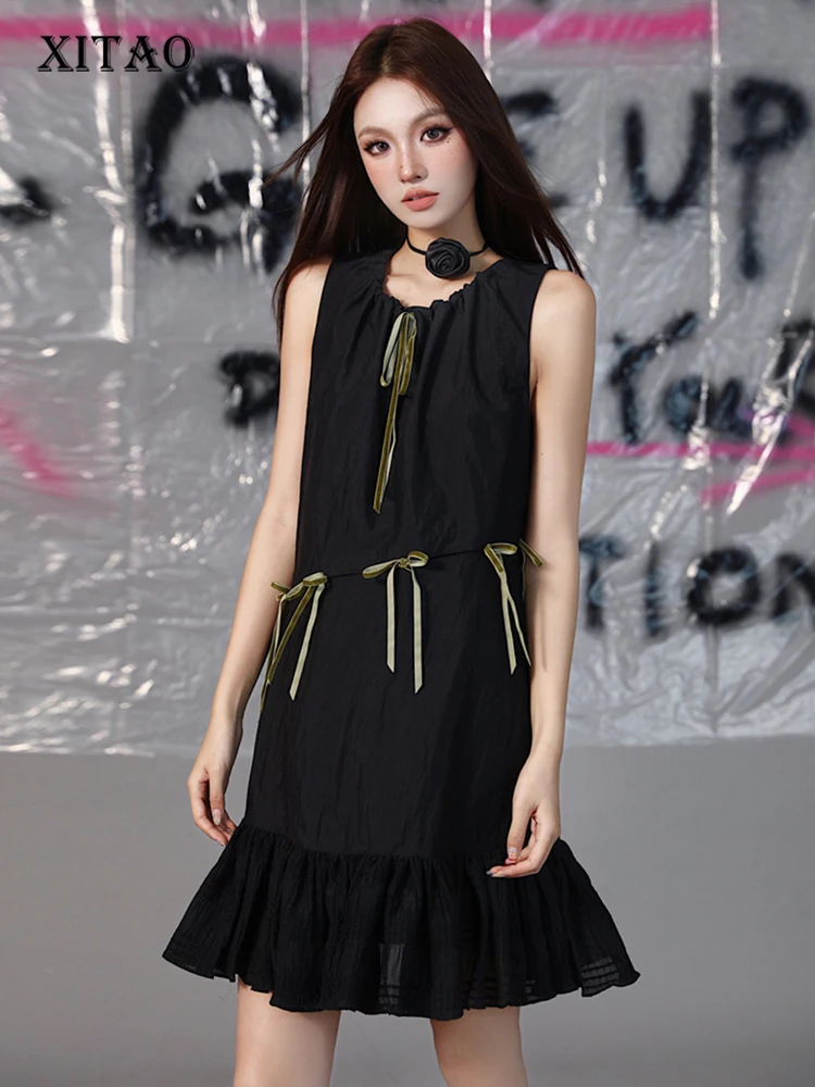 

XITAO Pleated Patchwork Dress Women Korea 2023 Summer New Arrival Personality Fashion Loose O-neck Sleeveless Dress HQQ1152