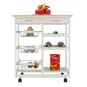 Moveable Kitchen Cart with Two Drawers & Two Wine Racks & Three Baskets White