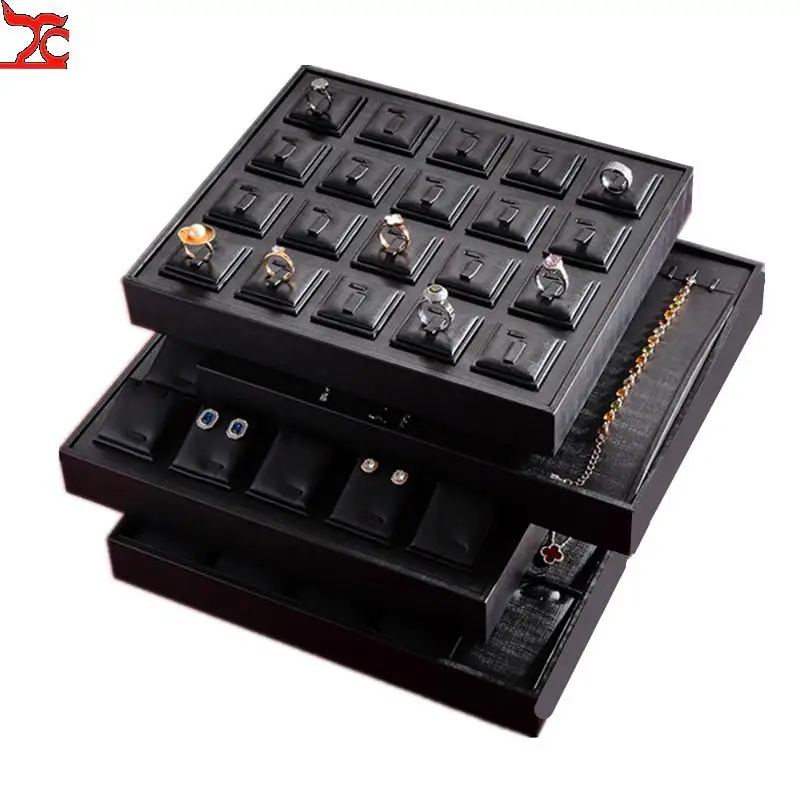 Superior Black Pu Leather Ring Jewelry Display Tray Insert Charm Pendant Earring Accessories Bracelet Storage Stand Holder Shelf