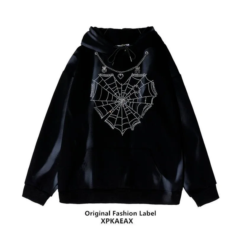 

Gothic Hoodies Women Men Hot Diamond Sweatshirt Spider Web Niche Belt Necklace Velvet Thick Hoodie Men Casual High Street Fleece