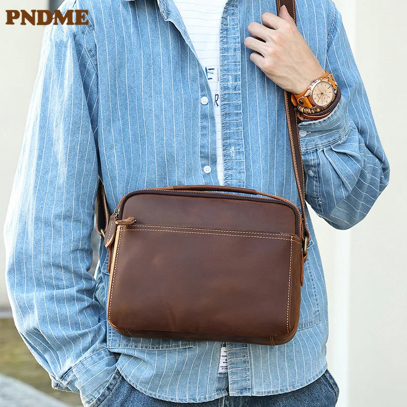 PNDME retro fashion Crazy Horse cowhide men's square shoulder diagonal cross bag genuine leather tote for daily work parties