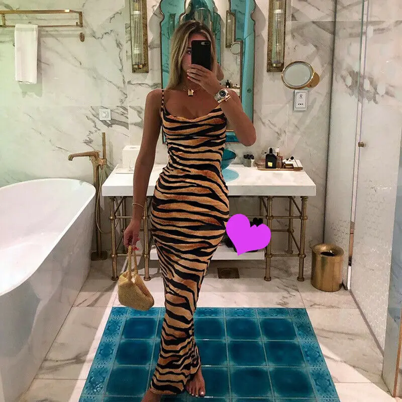 

Leopard Spaghetti Strap Bodycon Tiger Print Dress Women 2021 Sexy Sleeveless Long Dress Evening Party Club Dresses Y2k Vestidos