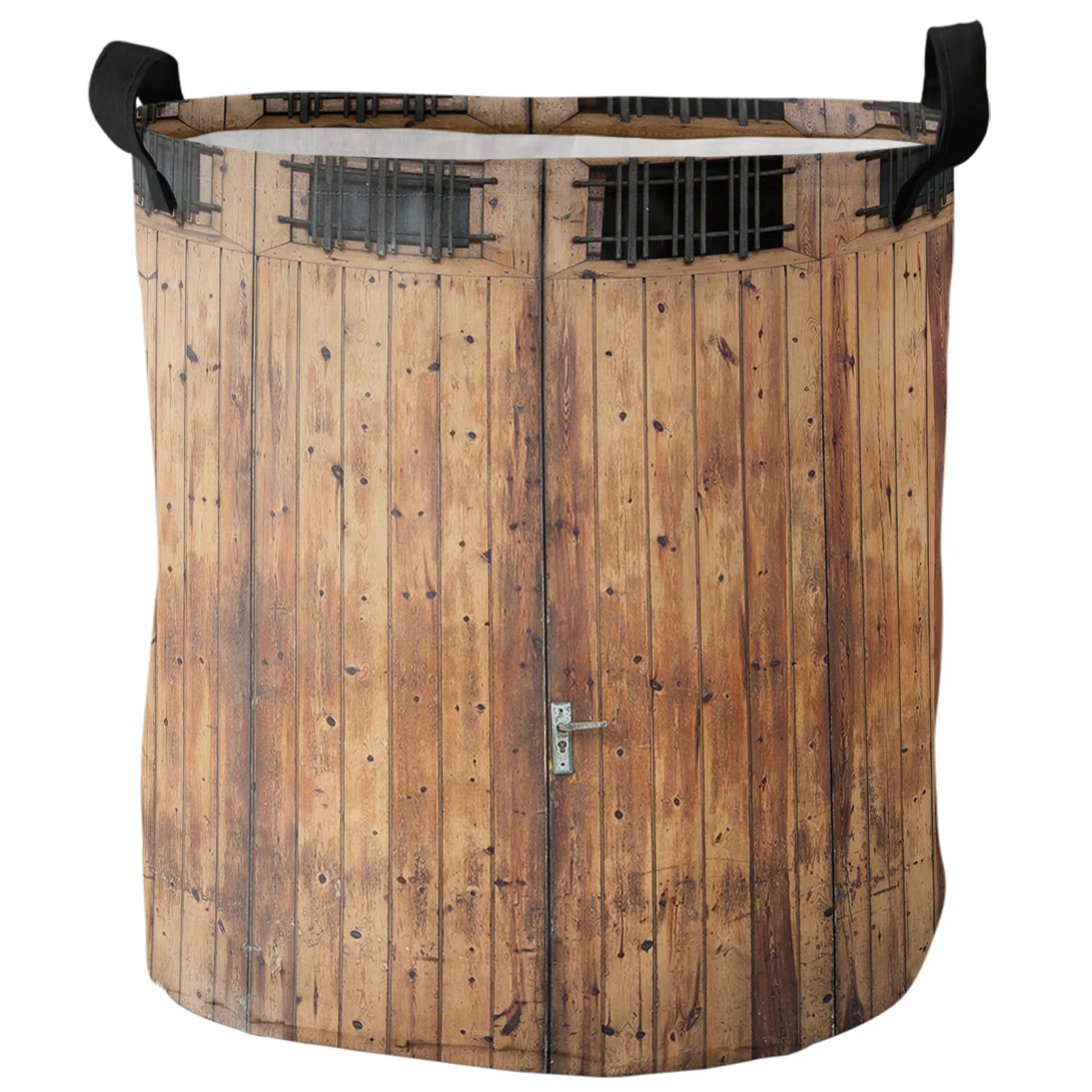 Винтажная корзина для грязного белья с деревянной дверью на ферме складной