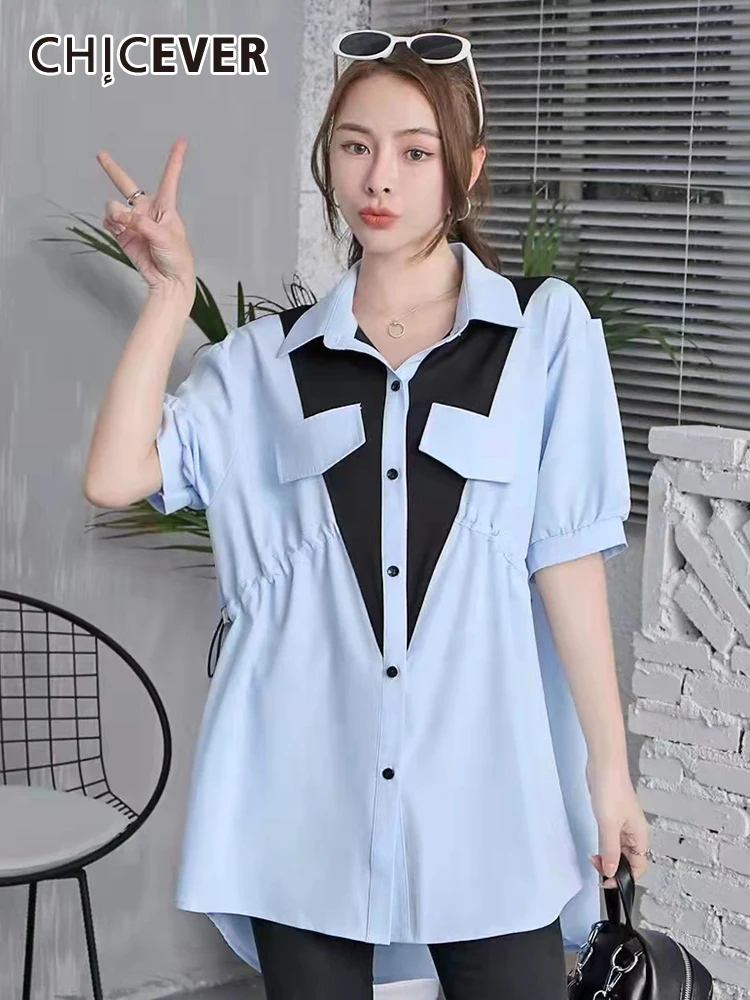 

CHICEVER Patchwork Colorblock Shirt For Women Lapel Short Sleeve Gathered Blouses Female 2022 Summer Clothing New Fashion Style