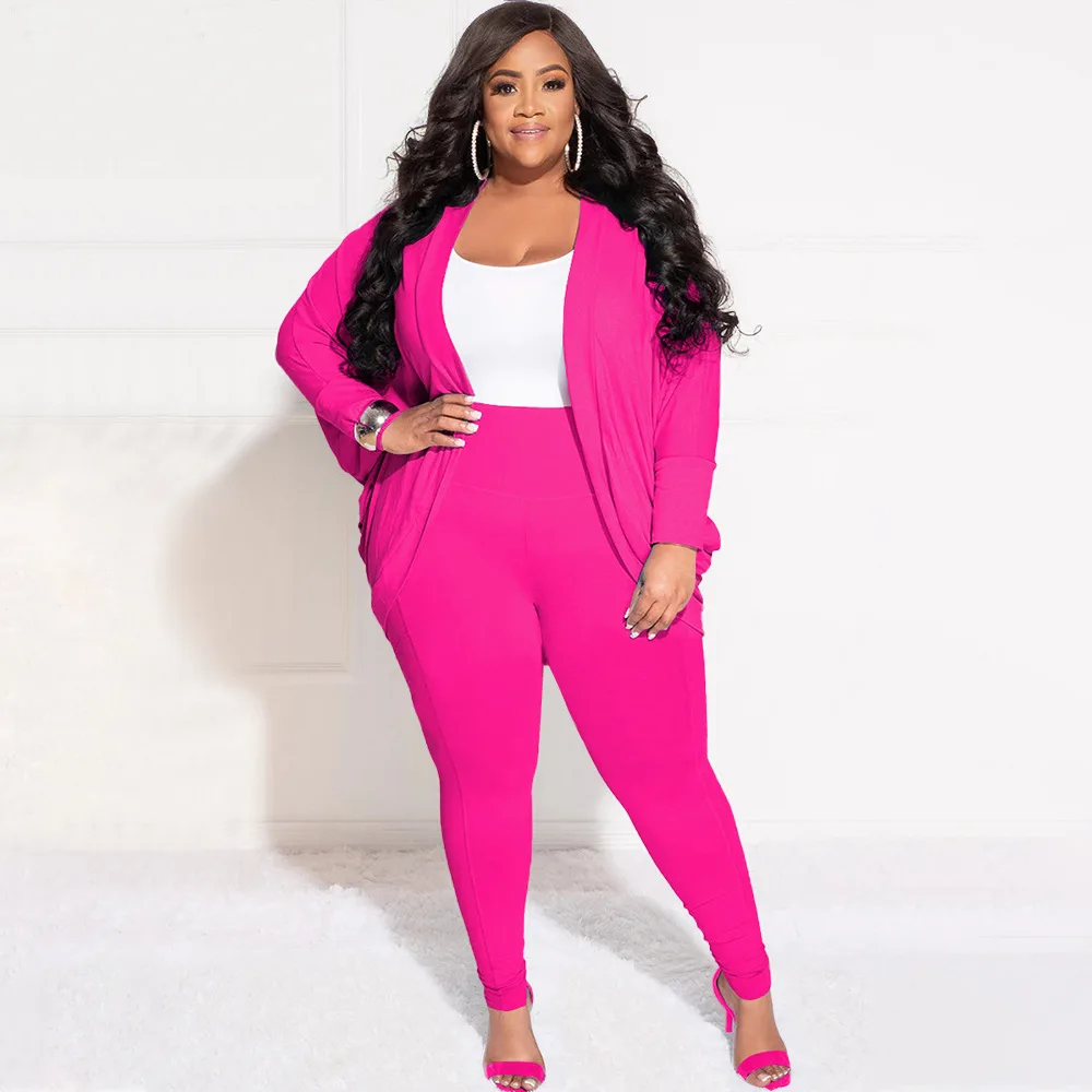

Plus Size Solid Office Lady Two Pieces Set Pleated Open Stitch Coat Pencil Pants Women Tracksuit Streetwear Workplace Female