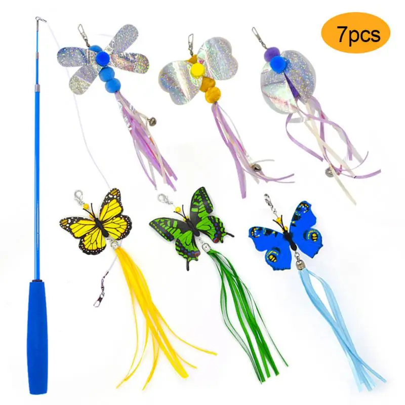 

7Pcs Cat Toy Set Cat Interactive Toy Ribbons Teaser Stick Wand Toys Pet Retractable Ribbons Bell Refill Replacement Cat Supplies