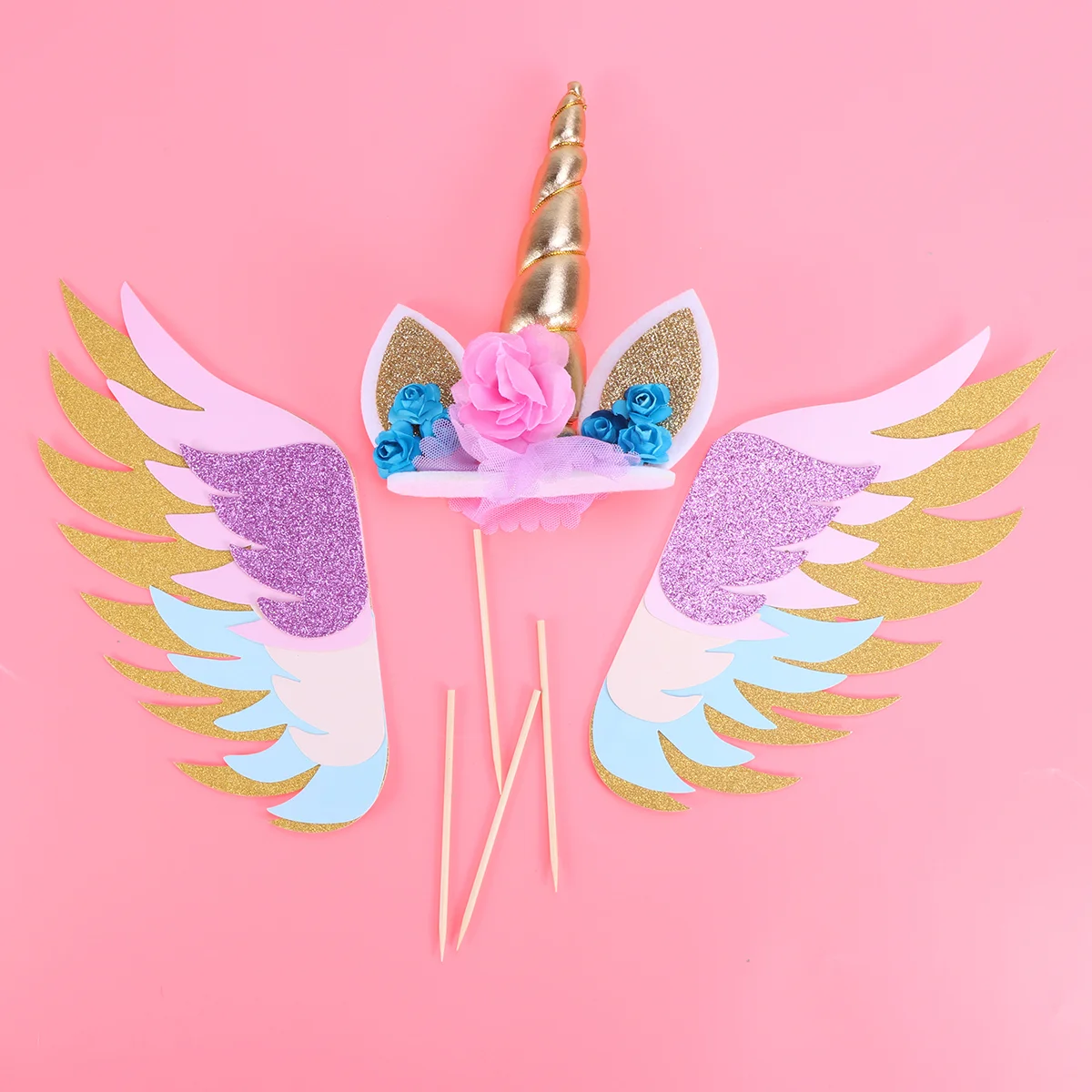 

3 Pcs Glitter Paper Cake Insertion Unicorn Wings Cake Cupcake Toppers Decoration (Unicorn Topper + 1 Pair of Wings)