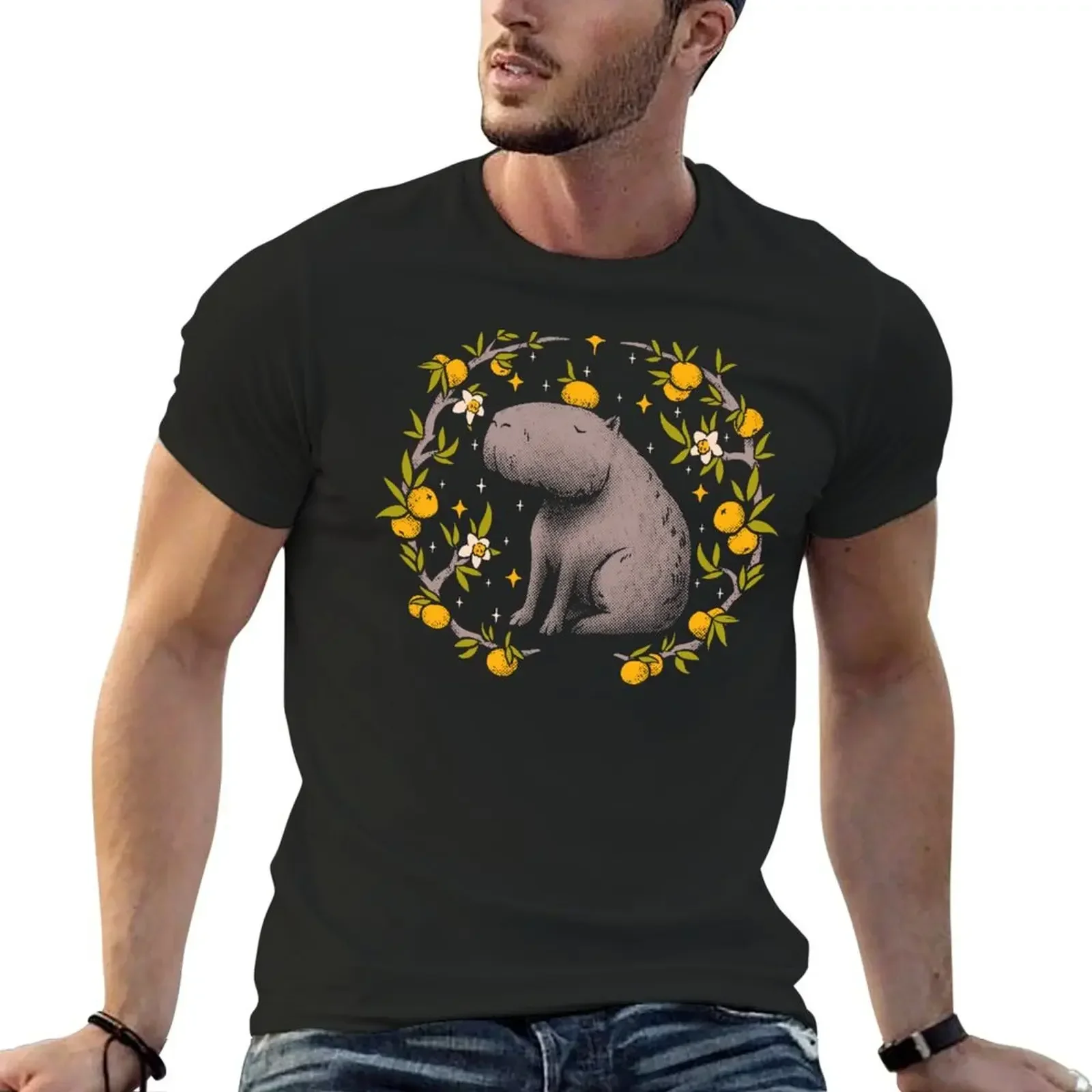 Goblincore Aesthetic Capybara Chilling With Orange on Head Cottagecore Capy Yuzu Citrus Fruit Blossom Flowers Медитирующая