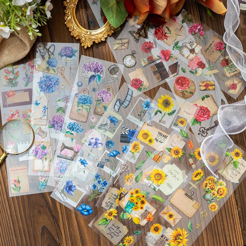 

6Sheet Per Pack PET Stickers Flowers Scrapbooking Rose Season Sun Flower blooms Color Decorative Notebook decoration 123*85mm