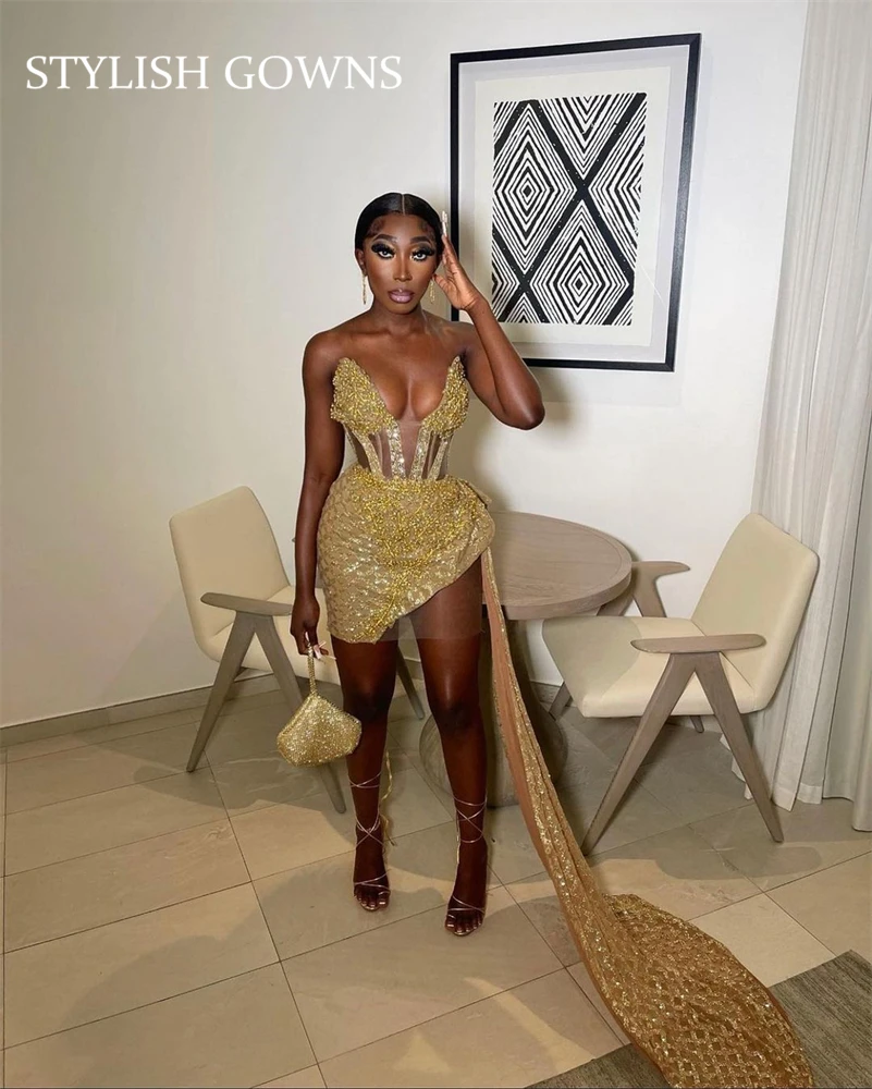 

Luxury Gold Sweetheart Short Prom Dress For Black Girls Lace Up Back Birthday Party Dresses With Tail Mini Cocktail Homecoming