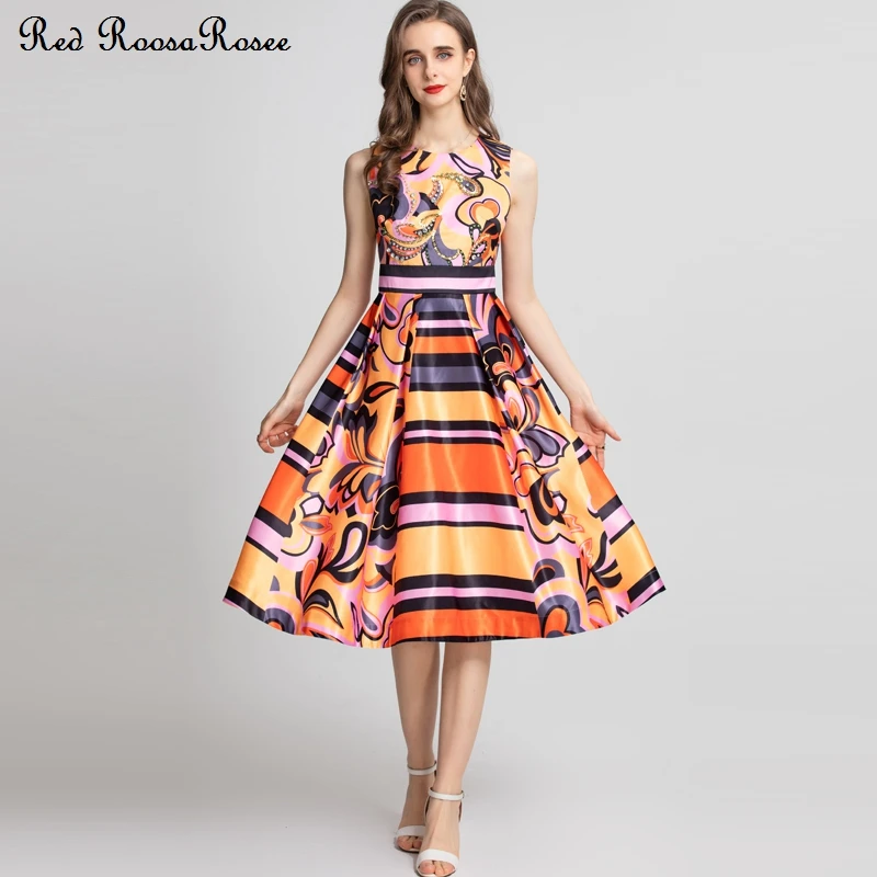 

Red RoosaRosee Elegant Rhinestones Organge Stripes Floral Print Sleeveless Dress Female Designer 2022 Party Vestidos Robe Femme