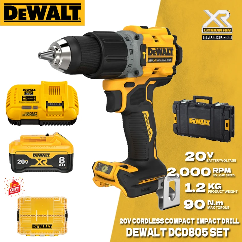 DEWALT DCD805 Brushless Cordless Hammer Drill/Driver Kit With 20V Lithium Batterty Impact Drill Power Tool DCB208 DCBP520 SET