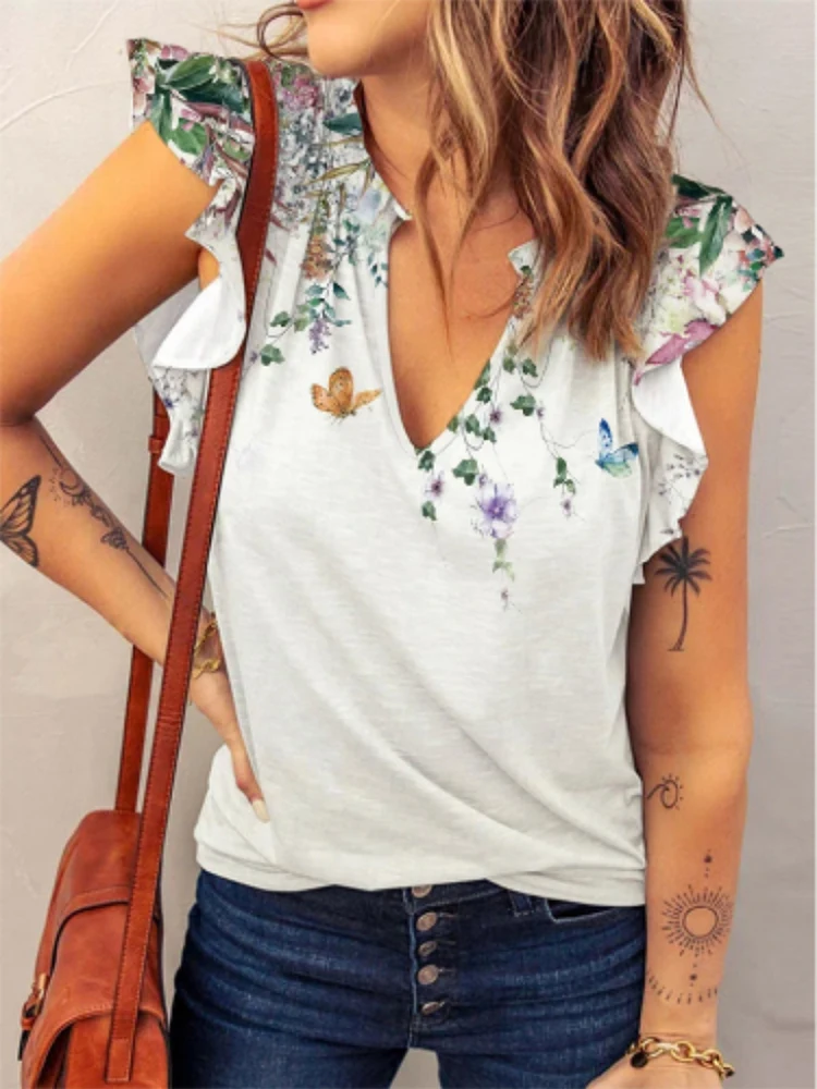 

Summer Fashion Print Sleeveless Pullover Top Shirts Ladies Casual Ruffle V-Neck Blouse Women Commuter Loose Office Tops Blouses