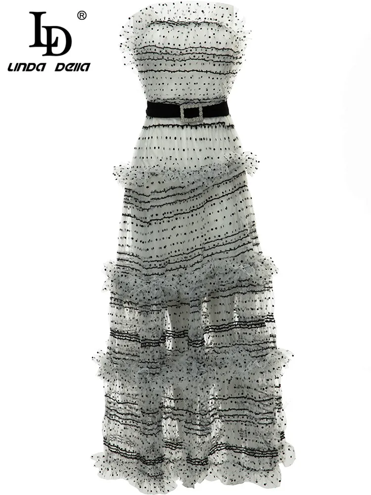 

LD LINDA DELLA New 2023 Summer Fashion Women Sexy Strapless Strapless Long Dress Sashes Slim Dot Mesh Cascading Ruffle Dress