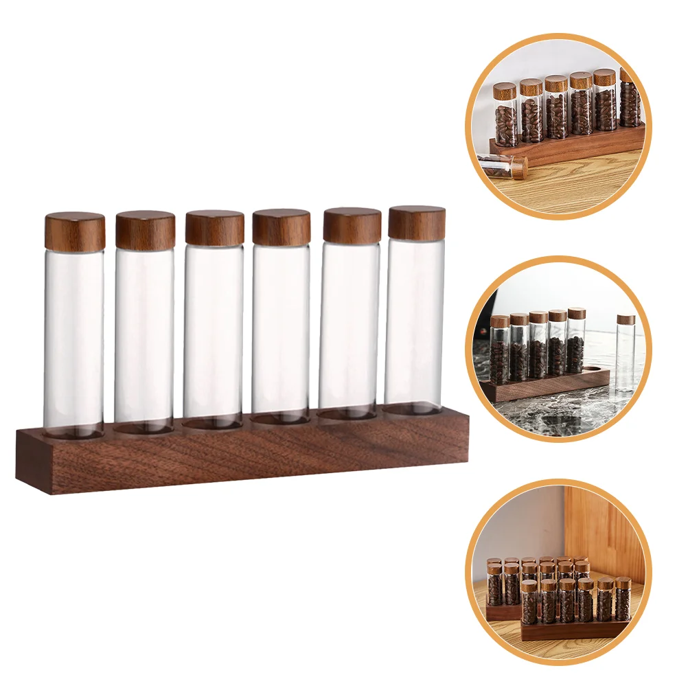 

1 Set Coffee Bean Storage Tubes Glass Coffee Bean Vials With Lids and Wooden Display Stand