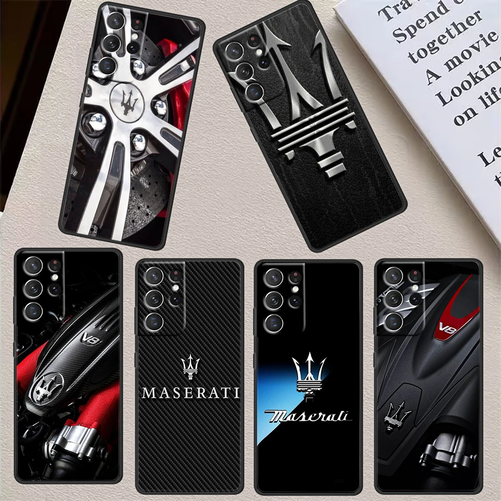 

Luxury Car Maserati Art Logo For Samsung S23 S22 S21 S20 FE Ultra Pro Lite S10 S10E S9 Plus 5G Soft Black Phone Case Cover