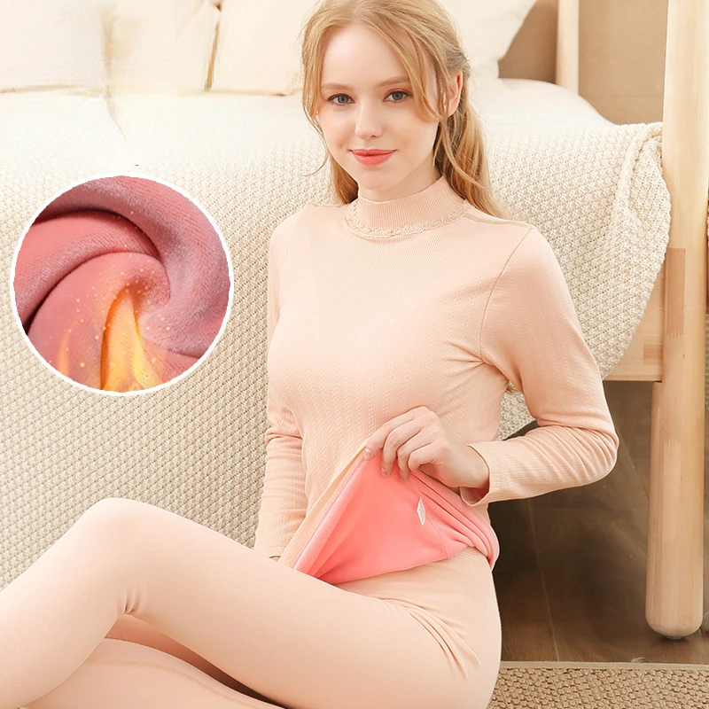 Thermal Underwear Women's Thick and Velvet Mid-high Neck Wool Fleece To Keep Warm Tops Body Tights Autumn Clothes Cotton Winter