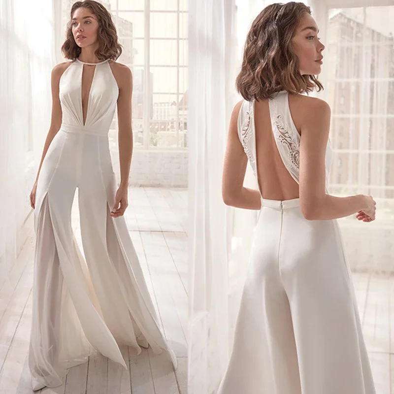

Elegant Satin Halter Wedding Jumpsuit for Women Lace Applique Open Back Sexy Sleeveless Split Bride Vestido De Novia