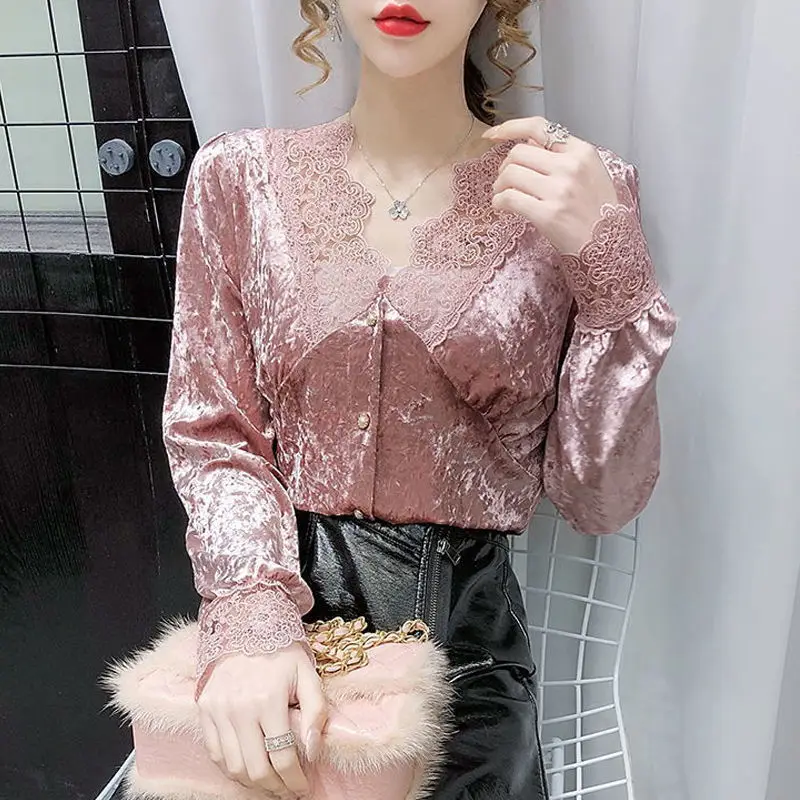 

Женская кружевная блузка с V-образным вырезом и длинным рукавом