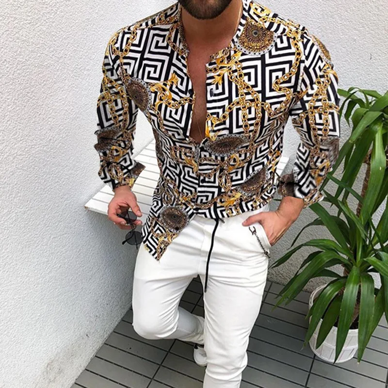 Men's Spring  Autumn Long Shirt Long Sleeve Chain Printed Fashion Top Stand Collar Single Breasted Casual Party Style