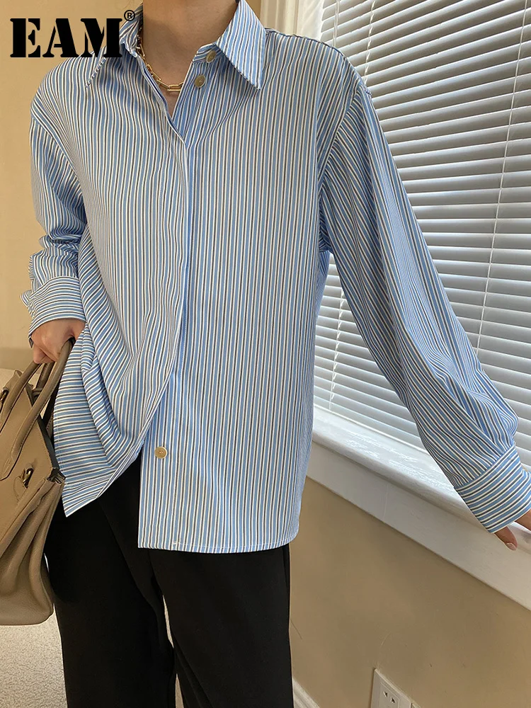 

[EAM] Women Blue Striped Big Size Casual Blouse New Lapel Long Sleeve Loose Fit Shirt Fashion Tide Spring Autumn 2023 1DF4609