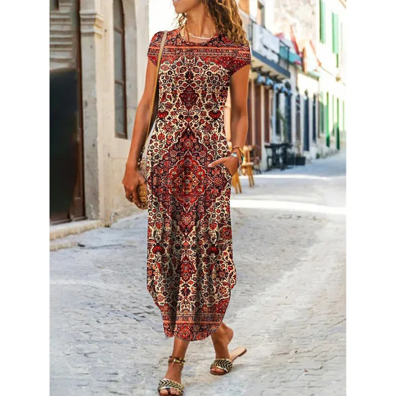 

Women Loose Boho Vintage Dress Short Sleeve O Neck Summer Floral Printed Pocket Dresses Elegant New Maxi Party Beach Vestidos