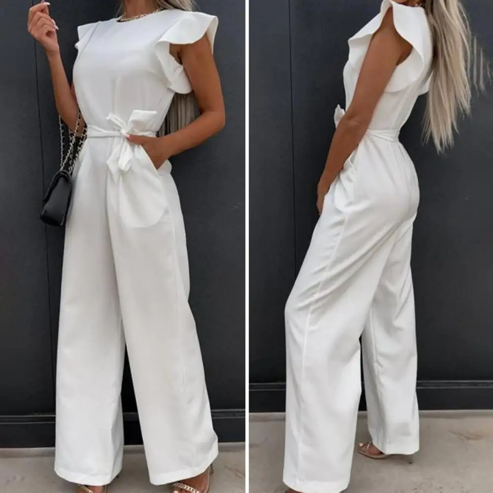 

Women Romper Solid Color O Neck Right-ankle Shoulder Ruffle Sleeveless Summer Playsuit Office Clothes