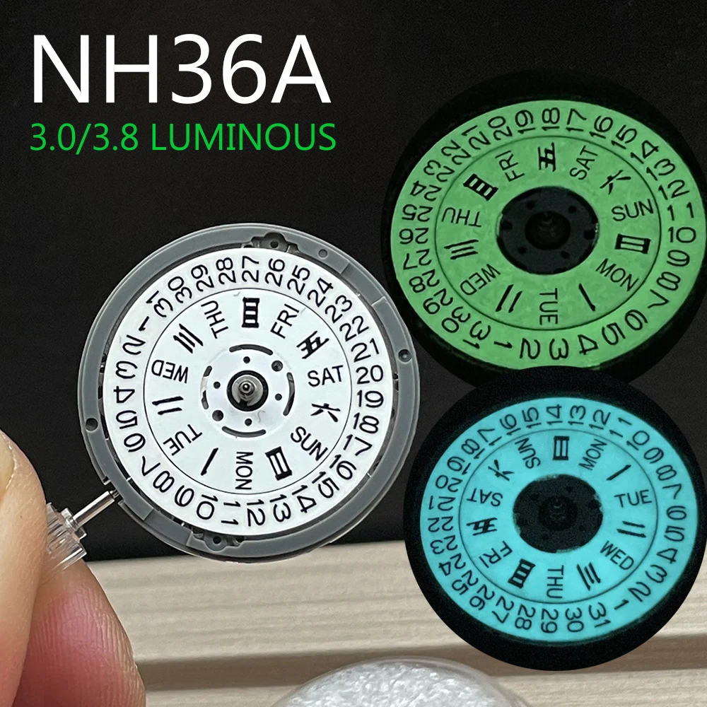 Full Green/Blue Luminous NH36A Mechanical Movement Crown at 3.0/3.8 Automatic Self-winding 24 Jewels MOD Replace Parts Original