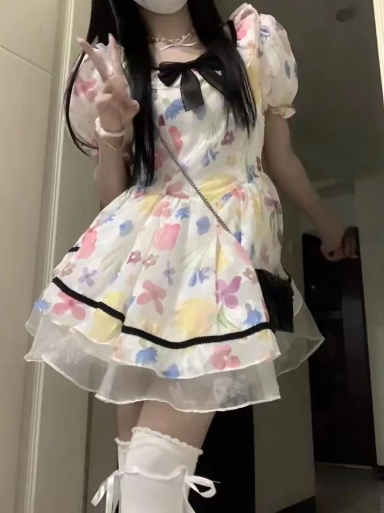 

Floral French Fairy Party Dress Style Female Elegant Short Sleeve Lolita Mini Dress 2023 Summer One Piece Dress Korean Chic