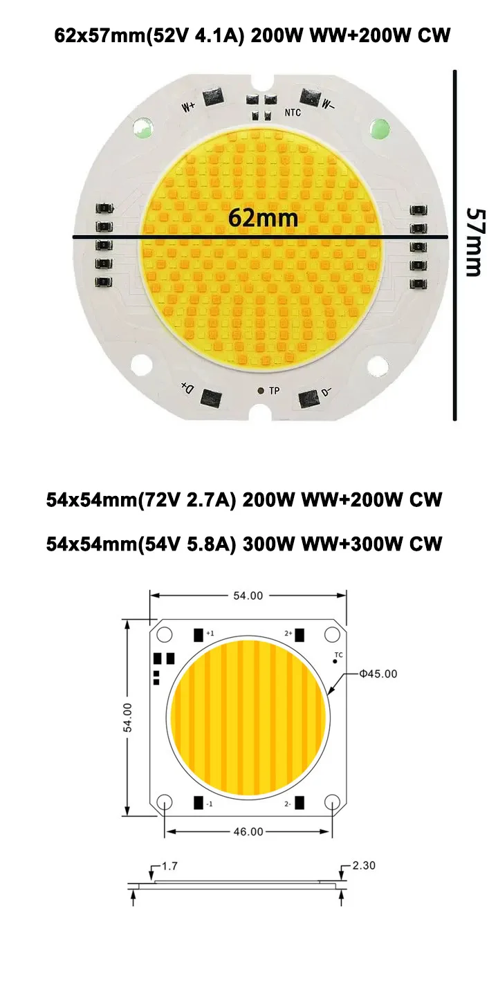 Фото Высококачественный COB LED модуль 54*54мм/62*57мм 400Вт (200CW+200WW) с CRI RA 95+ и цветовой температурой 2700K (теплый белый) + 6800K (холодный белый) для фото- и видеосъемки, DIY-проектов. №2