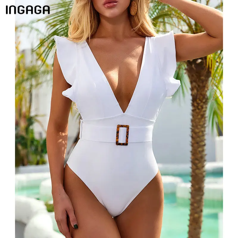 Купальник INGAGA с оборками слитный купальник поясом пикантная пляжная одежда