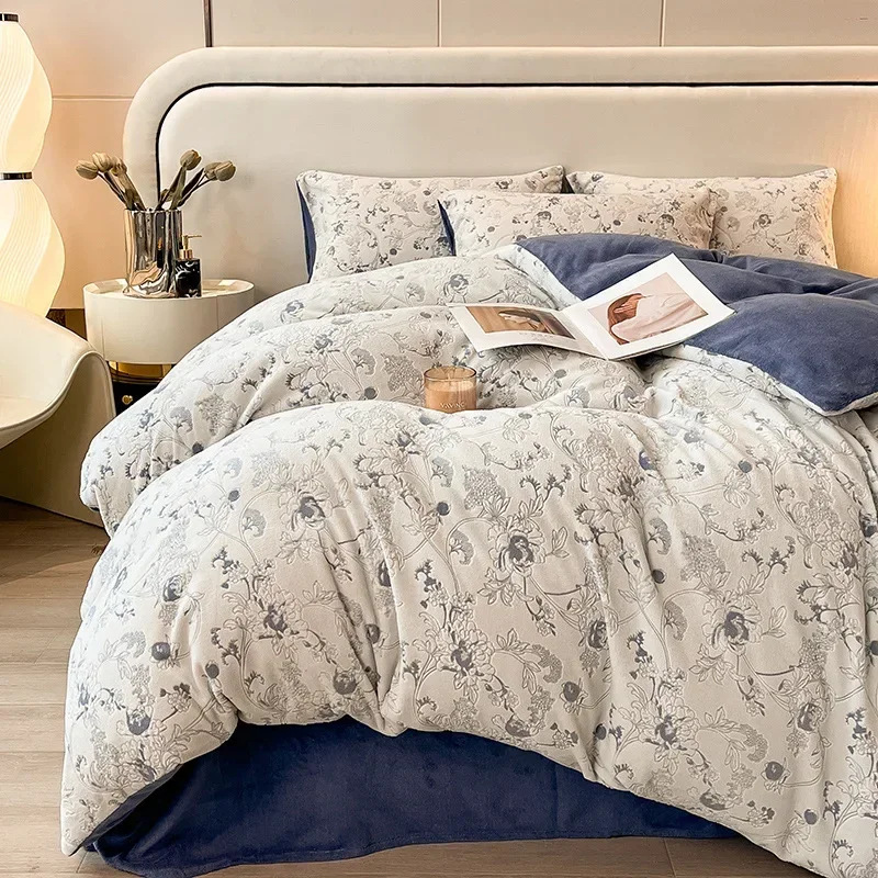 2024 New Thickened Class A Milk Fleece Four-piece Set Autumn and Winter Carved Coral Warm Quilt Cover Bedding