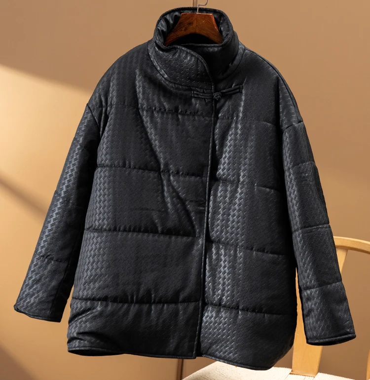 New Desin Stand Collar Parka Thin Winter Chinese Style Adjustable Waist Covered Button Wide-waisted Jackets Winter Coat Jacket