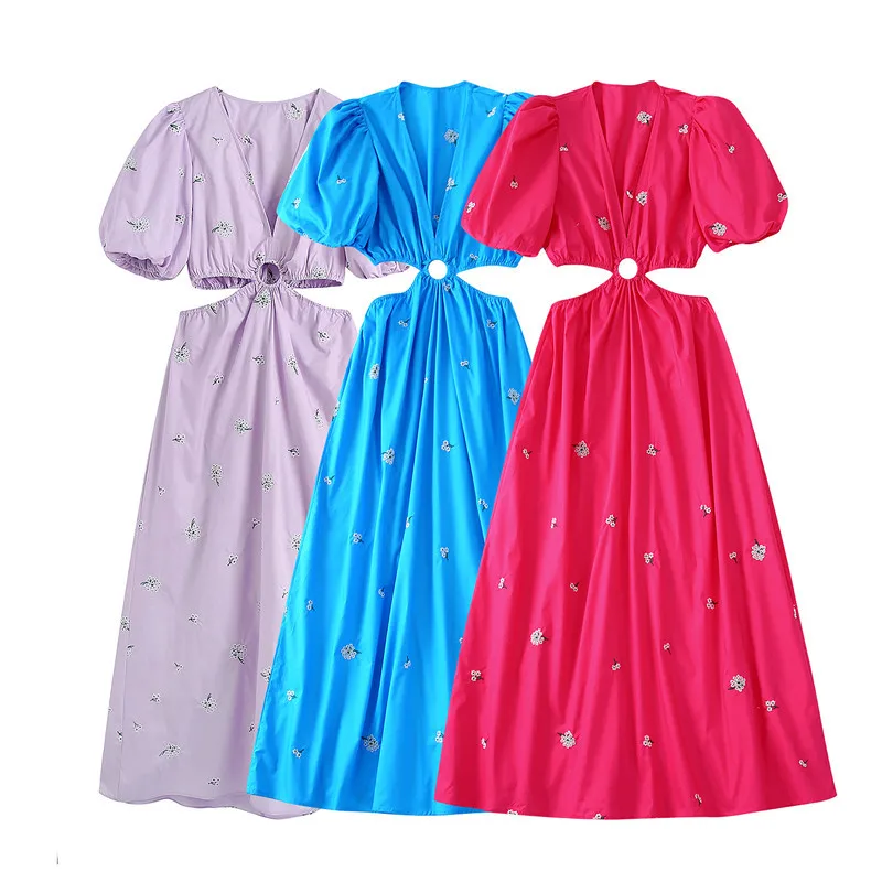 

Женское ажурное платье-миди из поплина с цветочной вышивкой, винтажное платье с пышными рукавами и открытой спиной, 2022
